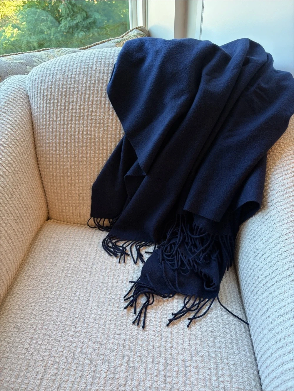 Williams Sonoma home Pure 100% cashmere Navy Fringe Throw Blanket